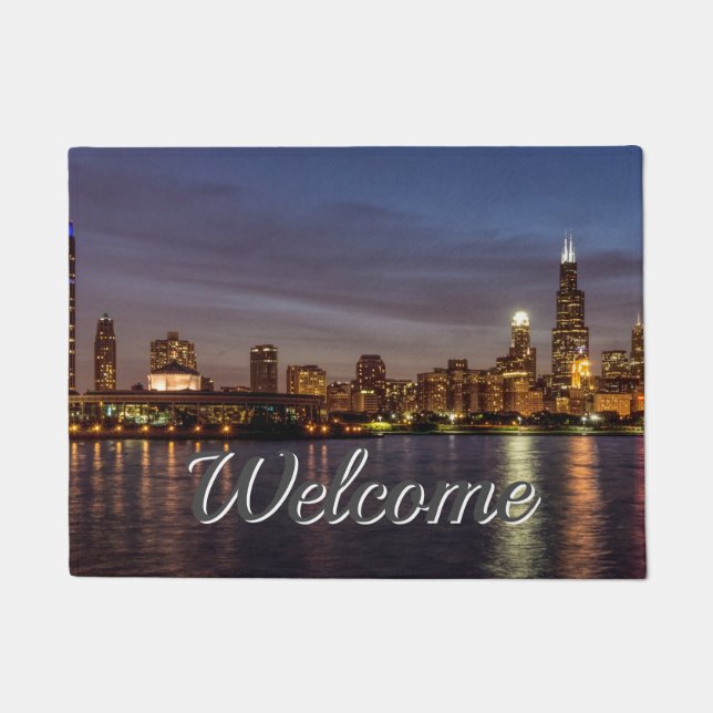 Chicago Cityscape Night Welcome Doormat (Front)