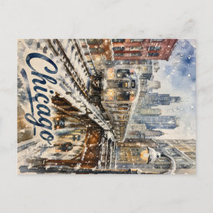 Chicago El Train in the Winter Snow Holiday Postcard
