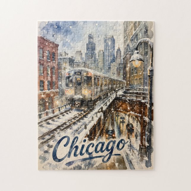 Chicago El Train in the Winter Snow Jigsaw Puzzle (Vertical)