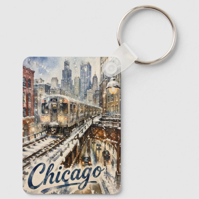 Chicago El Train in the Winter Snow Key Ring (Back)