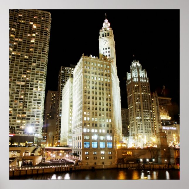 Chicago famous landmark at night poster (Front)