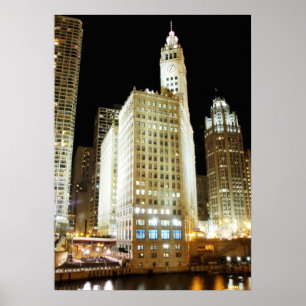 Chicago famous landmark at night poster