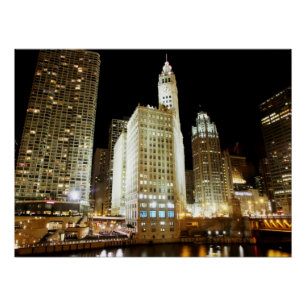 Chicago famous landmark at night poster