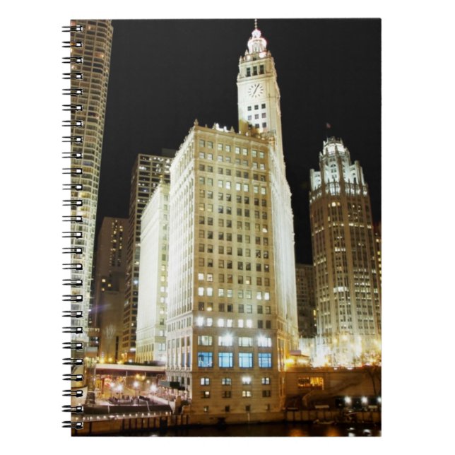 Chicago famous landmark at night spiral notebook (Front)