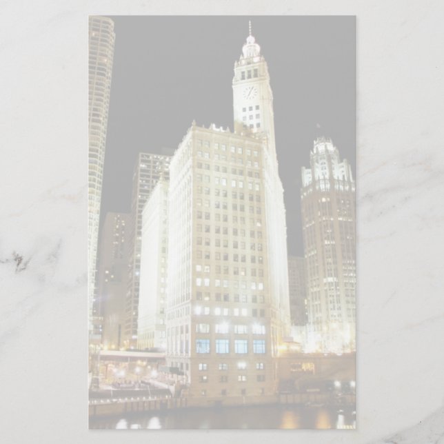 Chicago famous landmark at night stationery (Front)