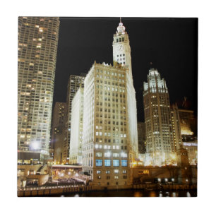 Chicago famous landmark at night tile