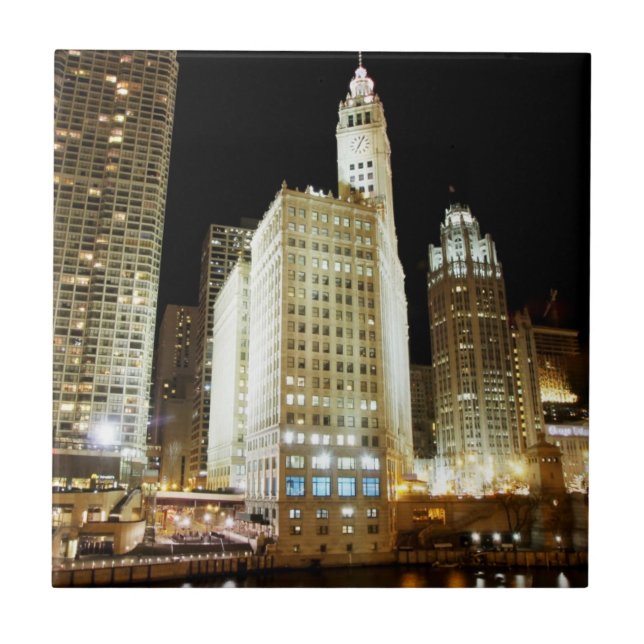 Chicago famous landmark at night tile (Front)