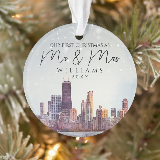 Chicago First Christmas As Mr & Mrs Wedding Ornament (Tree)