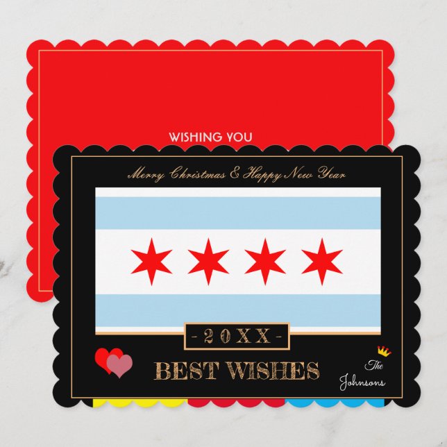 Chicago Flag & Happy New Year /Best Wishes USA Holiday Card (Front/Back)