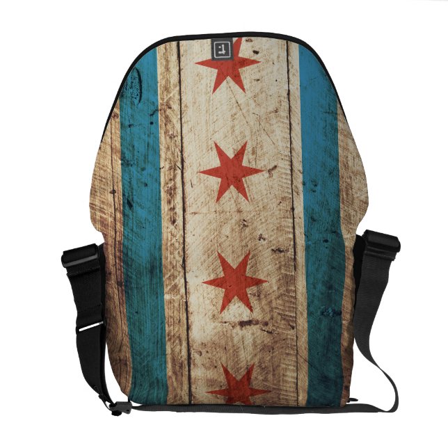 Chicago Flag on Old Wood Grain Courier Bag (Back Open)