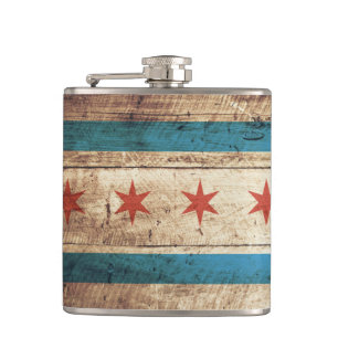 Chicago Flag on Old Wood Grain Hip Flask