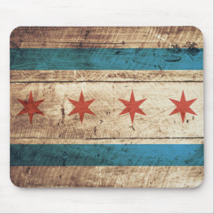 Chicago Flag on Old Wood Grain Mouse Pad