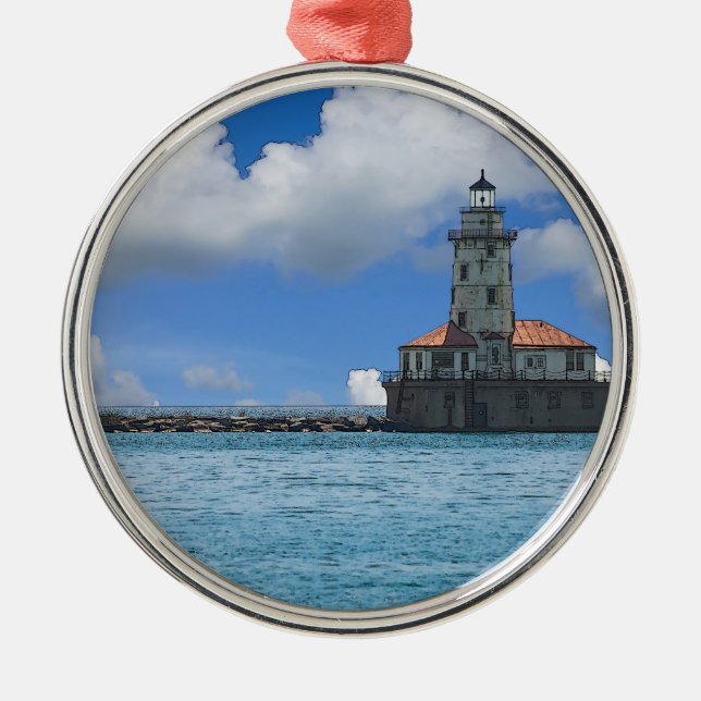 Chicago Harbour Lighthouse Painterly Metal Tree Decoration (Front)