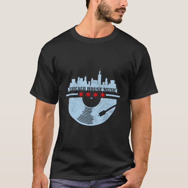 Chicago House Music Vinyl Dj Raver Flag Skyline T-Shirt (Front)