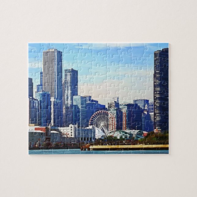 Chicago IL - Chicago Skyline and Navy Pier Jigsaw Puzzle (Horizontal)