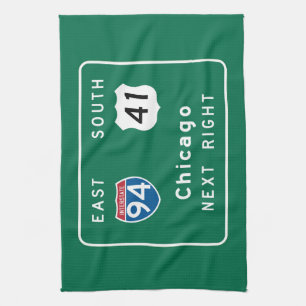 Chicago, IL Road Sign Tea Towel