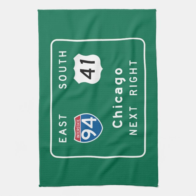 Chicago, IL Road Sign Tea Towel (Vertical)