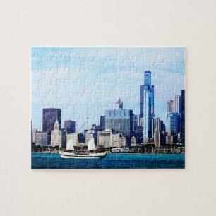 Chicago IL - Schooner Against Chicago Skyline Jigsaw Puzzle