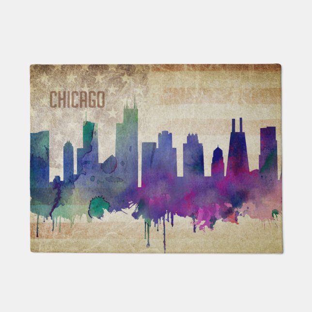 Chicago, IL | Watercolor City Skyline Doormat (Front)