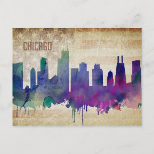 Chicago, IL Watercolor City Skyline Postcard