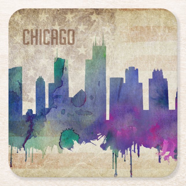 Chicago, IL | Watercolor City Skyline Square Paper Coaster (Front)