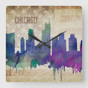 Chicago, IL Watercolor City Skyline Square Wall Clock