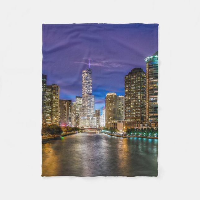 Chicago Illinois at night Fleece Blanket (Front)