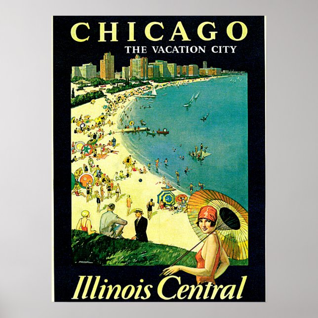 Chicago Illinois Beach Vintage Travel Poster (Front)