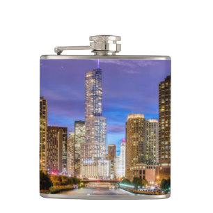 Chicago Illinois City At Night Hip Flask