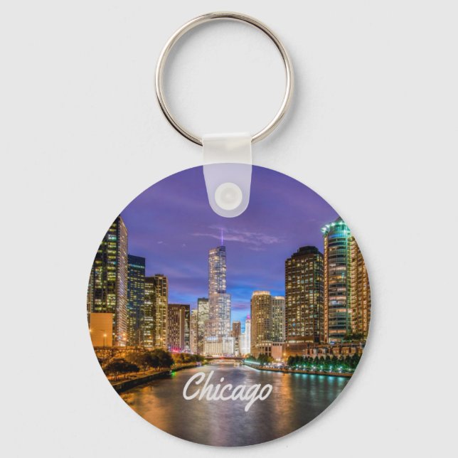 Chicago Illinois City At Night Key Ring (Front)