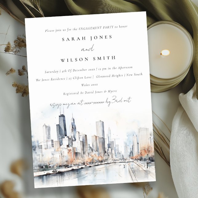 Chicago, Illinois City Scape Watercolor Engagement Invitation (Creator Uploaded)