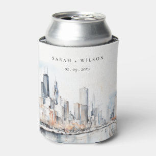 Chicago, Illinois City Scape Watercolor Wedding Can Cooler