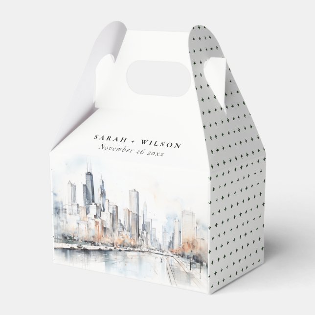 Chicago, Illinois City Scape Watercolor Wedding Favour Box (Front Side)