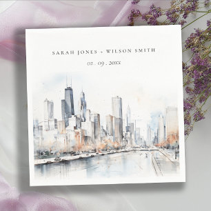 Chicago, Illinois City Scape Watercolor Wedding Napkin