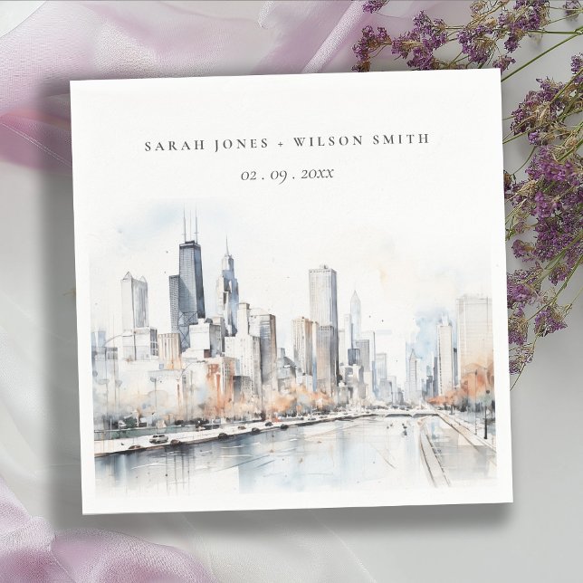 Chicago, Illinois City Scape Watercolor Wedding Napkin (Creator Uploaded)