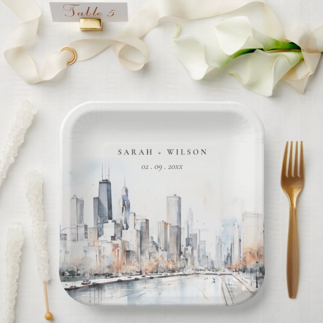 Chicago, Illinois City Scape Watercolor Wedding Paper Plate (Wedding)
