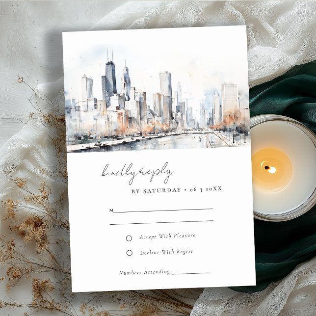 Chicago Illinois City Scape Watercolor Wedding RSVP Card (Creator Uploaded)