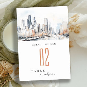 Chicago, Illinois City Scape Watercolor Wedding Table Number