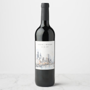 Chicago, Illinois City Scape Watercolor Wedding Wine Label