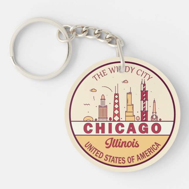 Chicago Illinois City Skyline Emblem Key Ring (Front)