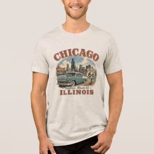 Chicago Illinois Historic Route 66 Vintage Skyline Tri-Blend Shirt