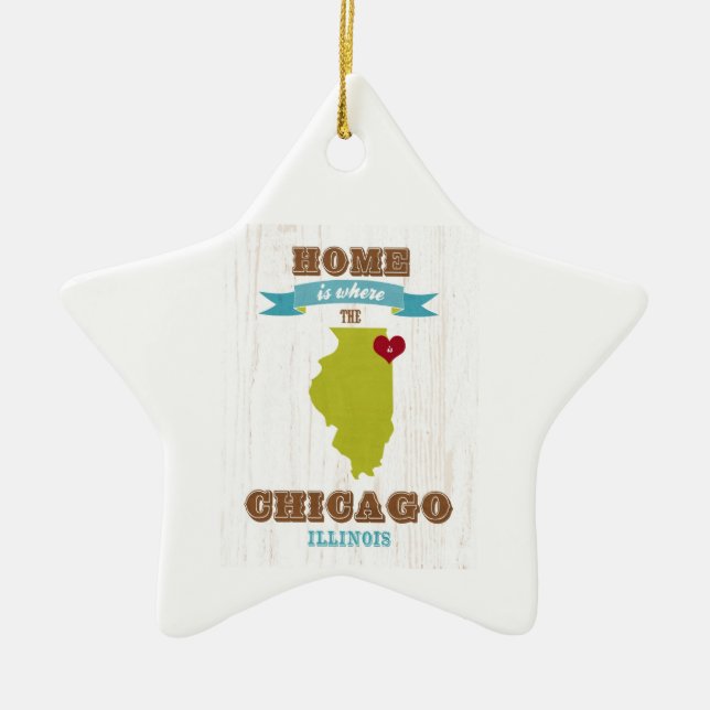 Chicago, Illinois Map – Home Is Where The Heart Is Ceramic Tree Decoration (Front)