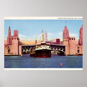Chicago Illinois Outer Drive Bridge and Skyline Poster