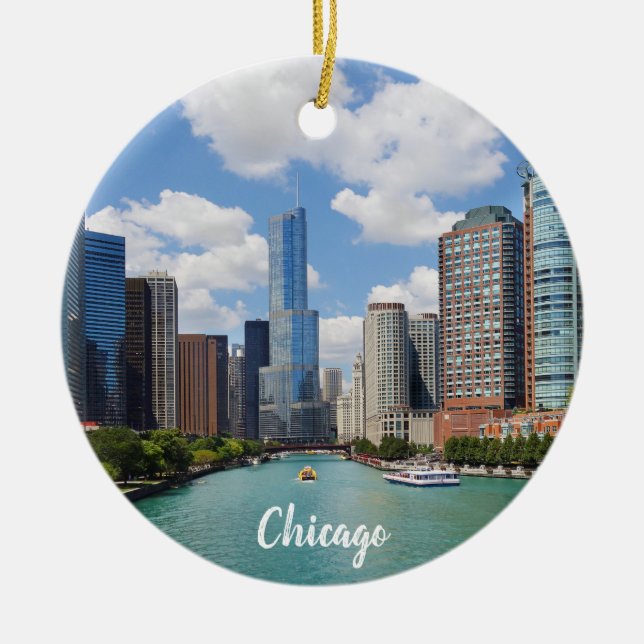 Chicago Illinois River Skyline Photo Christmas Ceramic Tree Decoration (Front)