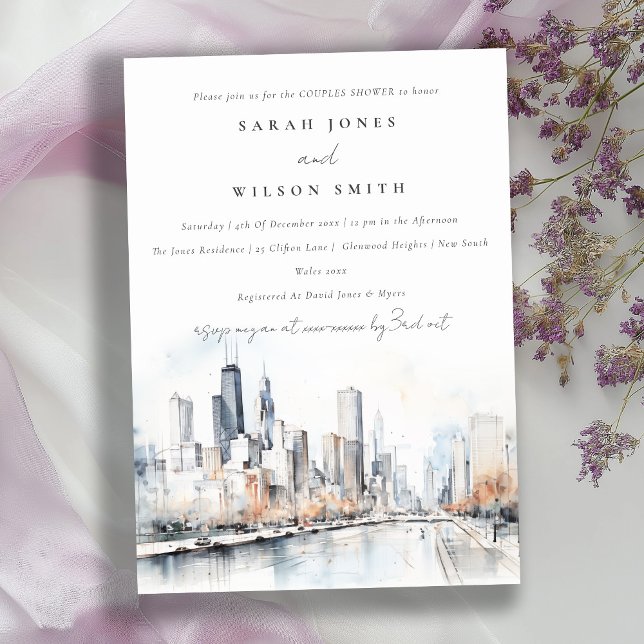 Chicago Illinois Scape Watercolor Couples Shower Invitation (Creator Uploaded)