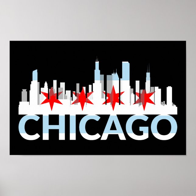 Chicago Illinois Silhouette 4 Stars Vintage Travel Poster (Front)