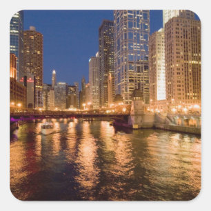 Chicago, Illinois, Skyline and Chicago River at 2 Square Sticker