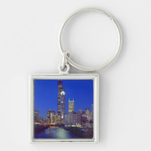 Chicago, Illinois, Skyline at night with Chicago Key Ring