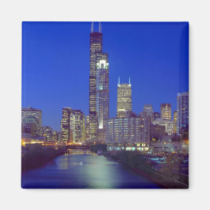 Chicago, Illinois, Skyline at night with Chicago Magnet