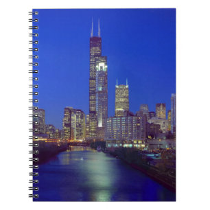 Chicago, Illinois, Skyline at night with Chicago Spiral Notebook